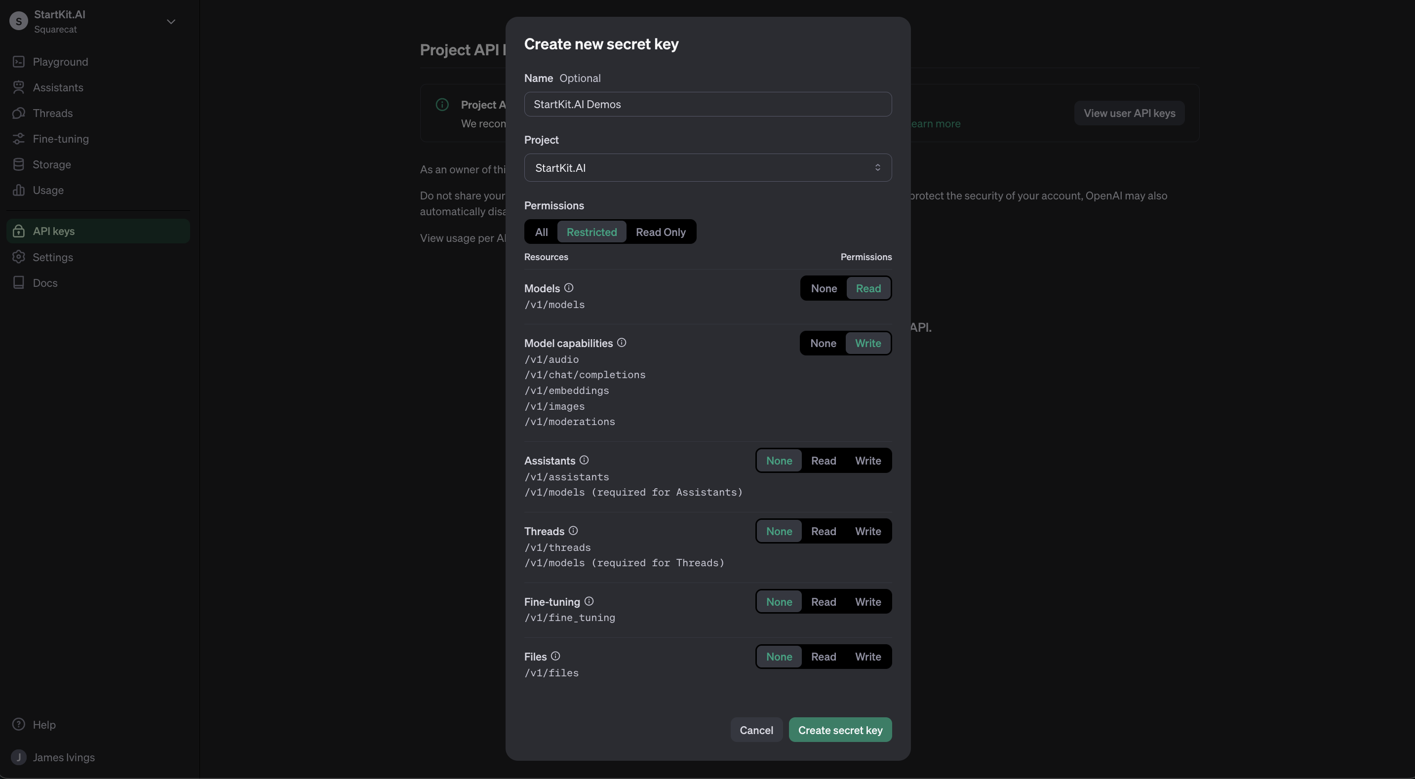 create new key modal